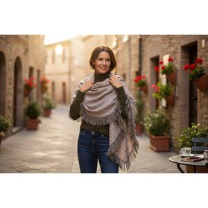 Curling Collection Houndstooth Shawl Made In Italy W/Fringe Detailing